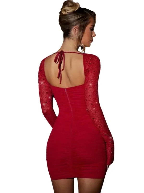 Oh Polly St. Germain Embellished Long Sleeve Mini Dress Women's 6 Red Pearls - Image 2