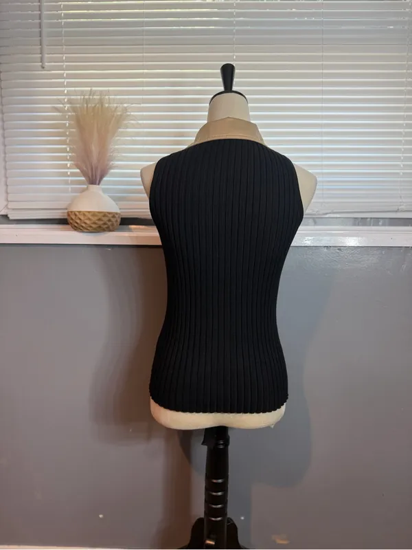 Belladimi Black Ribbed Rhinestone Zip Satin Collar Top Size M Y2K - Image 5