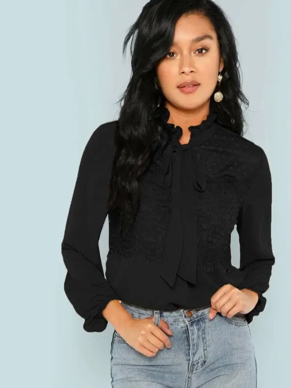 SheIn Black Frill Tie Neck Blouse With Lace Panel - Image 5
