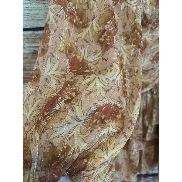 Anthropologie Ella Dress Sz 14 Floral Mini Tiered Ruffle Balloon Sleeve Gold - Image 5