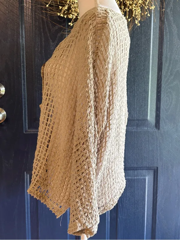 Keren Hart Beige Open Weave Crochet Cardigan L Boho Lagenlook Statement Buttons - Image 3
