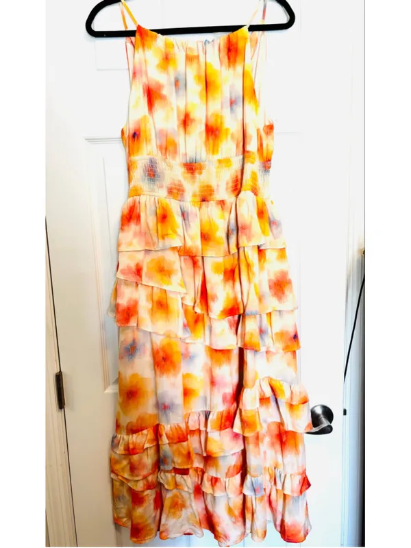 Anthropologie Midi Dress Orange Yellow Floral Tiered Ruffle - Image 5