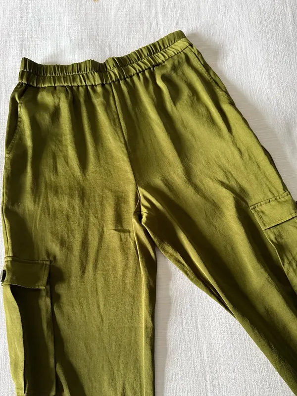 Open Edit Tie Detail Satin Cargo Pants Olive Green - small - Image 10