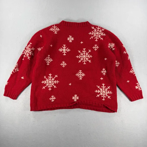 Eddie Bauer Womens Red Wool Snowflake Sweater XL Petite Crew Neck Holiday Winter - Image 2