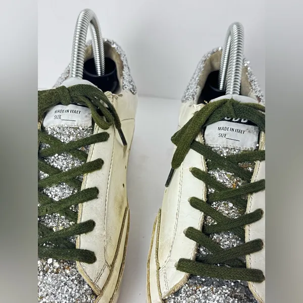 Golden Goose White Sneakers with Silver Glitter and Leopard Star Size 39 - Image 7