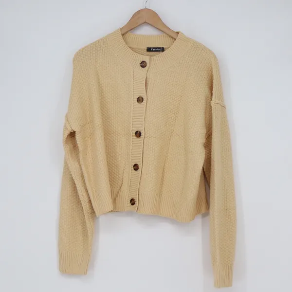 Fashion Women Yellow Textured Knit Button Front Cardigan Sweater L - Image 2