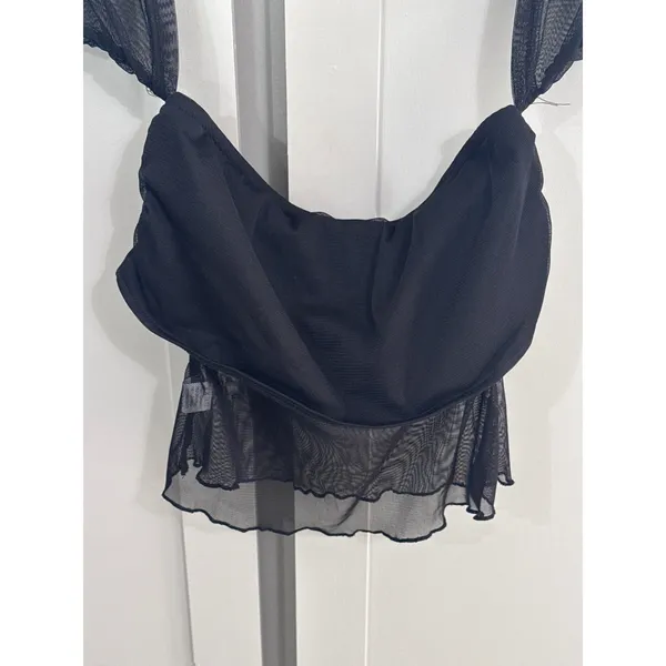 Black Mesh Off Shoulder Crop Top Sheer Flutter Sleeve Draped Sweetheart - Image 3