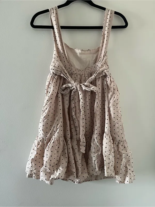 Cotton Cream Black Polka Dot Babydoll Mini Dress Small Coquette Tie Back - Image 5