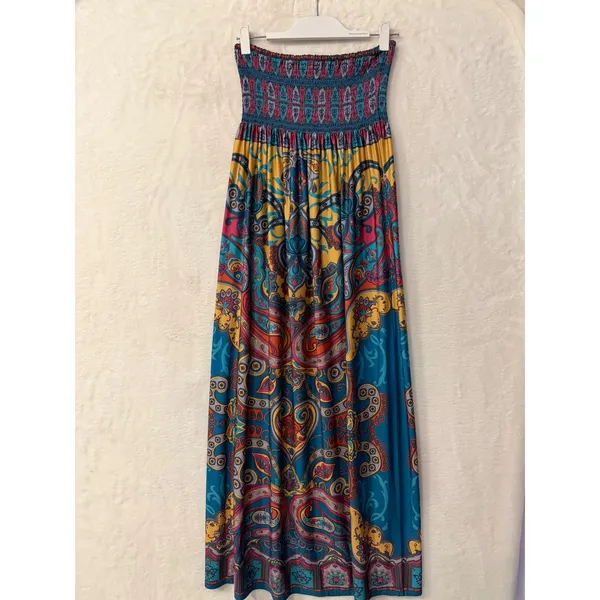 Flying Tomato Paisley Maxi Dress Womens Large Blue Yellow Smocked Strapless Boho - Image 5