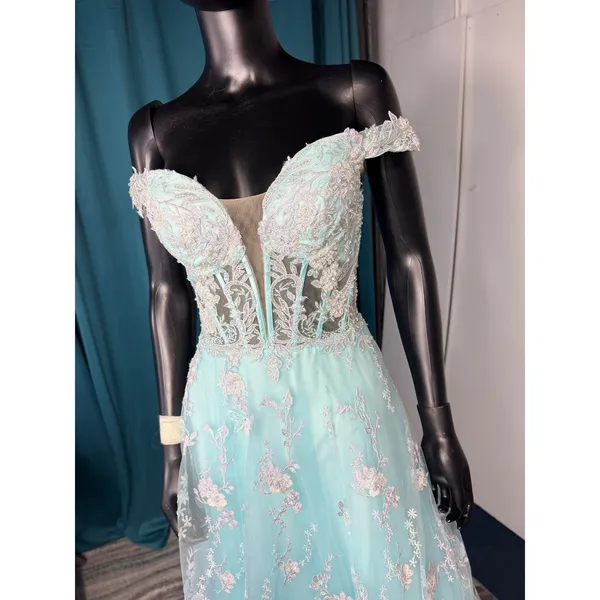 Morrell Maxie Size 4 Aqua White Floral Lace Off‎ Shoulder Formal Gown - Image 5