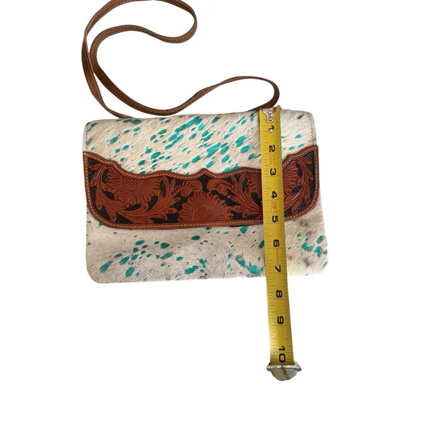 Myra Bag Turquoise-Speckled Cowhide Crossbody with Tooled Leather Trim - Image 9