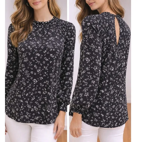Joie Floral Blouse Women XS Black White Viscose Long Sleeve Keyhole Relaxed Top - Image 2