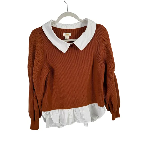 Maeve Anthropologie Textured Twofer Peter Pan Collared Sweater Orange Womens LP - Image 2