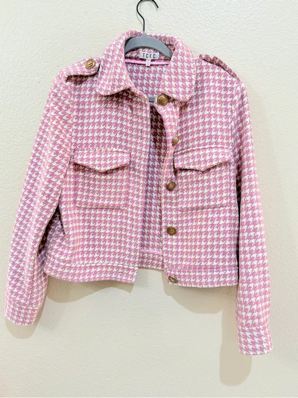 TCEC Pink Tweed Houndstooth Blazer Jacket & Skort Shorts Set Metallic Gold M - Image 3