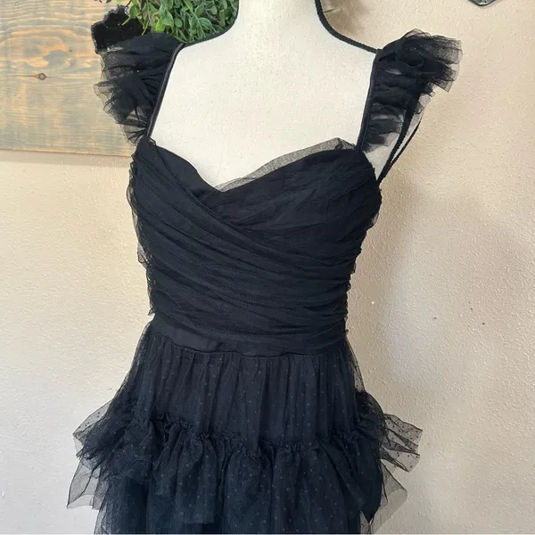 Lulus Black Swiss Dot Tiered Maxi Dress Open Back Mesh Formal Wedding Guest M - Image 4