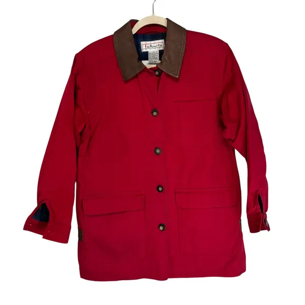 Talbots Red Cotton Barn Jacket Leather Collar Plaid Flannel Lined XS‎ - Image 8