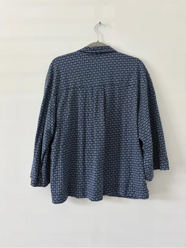 Petite Plume Navy Yellow Pima Cotton Button Down Wide Sleeve Pajama Top L - Image 5