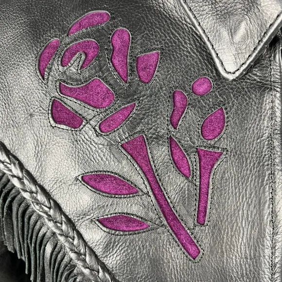 UNIK Leather Fringe‎ Biker Jacket Small Black Purple Rose Inlay Motorcycle Goth - Image 11