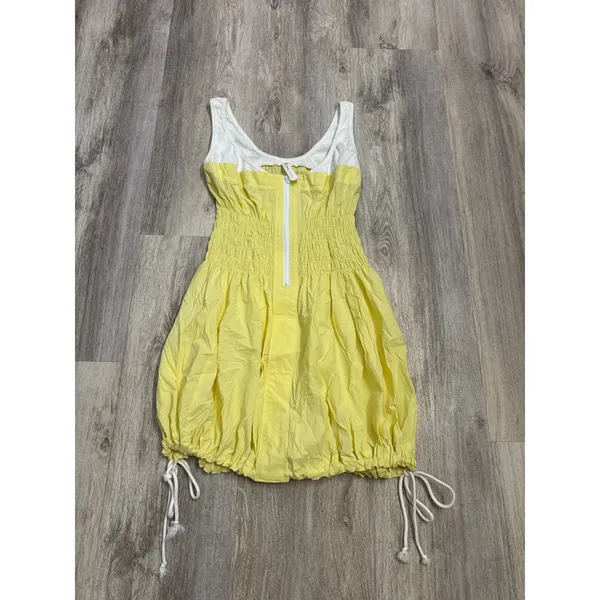 Anthropologie Daily Pratice Yellow White Zip Front Smocked Bubble Mini Dress S - Image 2