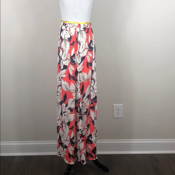 Floral Maxi Skirt Coral Navy High Waist Elastic Waist Side Slit Size Small - Image 6