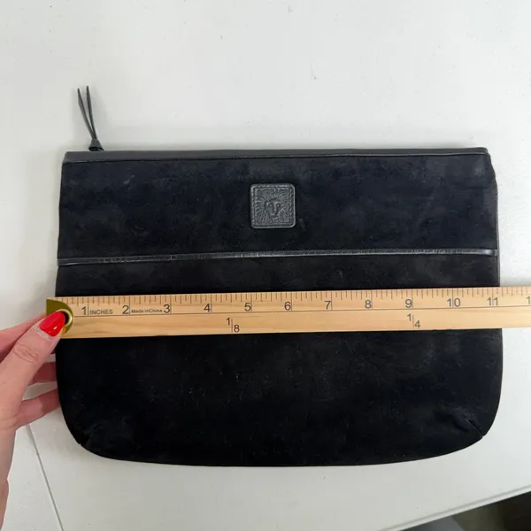 Anne Klein Clutch Bag Black Suede Leather Crossbody Vintage Lion Logo 90s - Image 11