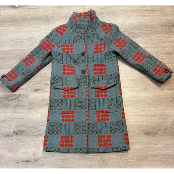Sundance XS Wool Blend Plaid Long Coat Teal Red Boho Cottagecore Artsy Statement - Image 13