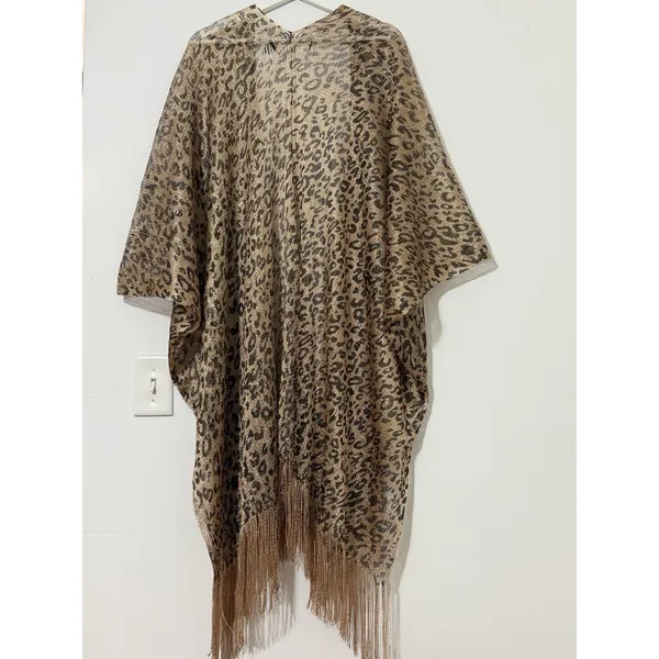 Women’s Leopard Print Fringe Kimono Gold Metallic Mesh Boho Cover-Up One Size - Image 3