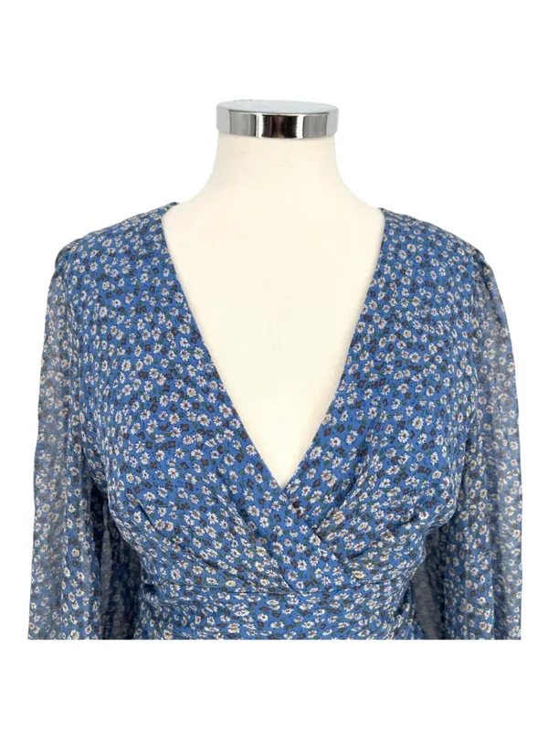 Bardot Floral V-Neck Long-Sleeve Mini Dress Ruffled Ruched Blue Size XL - Image 2
