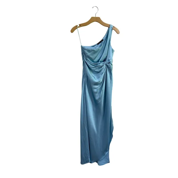Abercrombie & Fitch Light Blue Satin One Shoulder Ruched Midi Dress XSP - Image 3