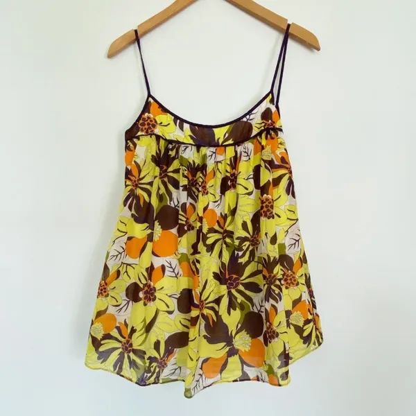 Milly New York Yellow Brown Floral Print Flowy Babydoll Cami Top Tank Womens 2 - Image 2