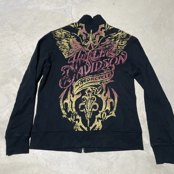 Y2K Harley Davidson Women's SZ L Sweatshirt Black Collar Applique Zip AOP - Image 8
