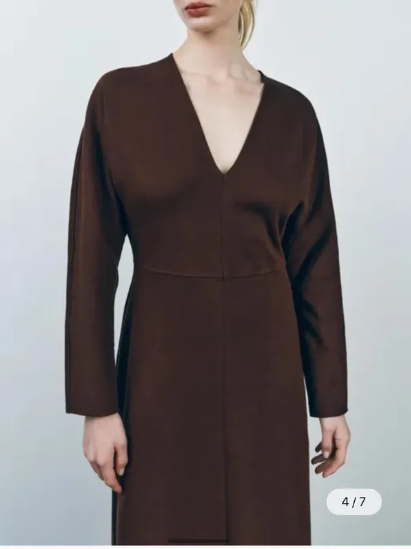 Zara Brown V-Neck Long Sleeve Maxi Dress - Image 2