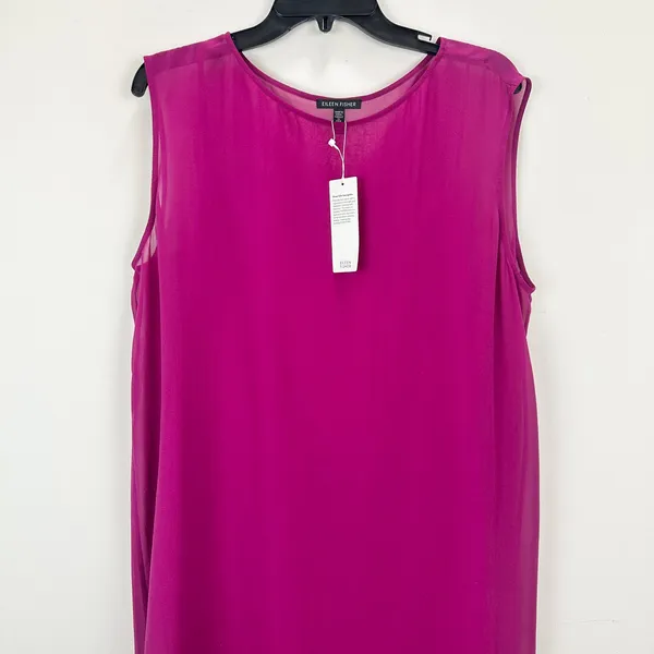 Eileen Fisher Sheer Silk Georgette Boat Neck Sleeveless Midi Dress Sangria L NWT - Image 6