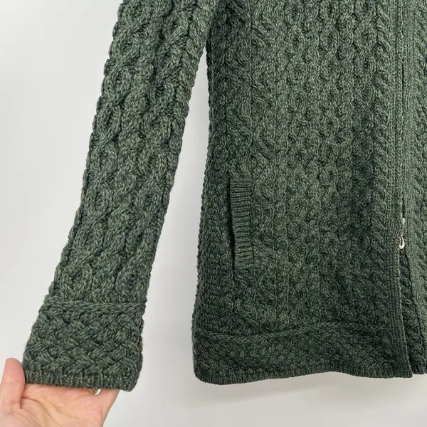 aran crafts sweater women Cable Knit XXS P Green 100 Merino Wool Fisher Chunky - Image 2