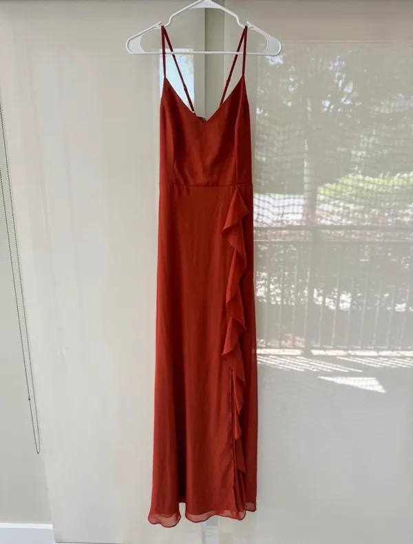Birdy Grey Theresa Dress Chiffon Auburn Spaghetti Strap Ruffle Slit Maxi Dress - Image 4