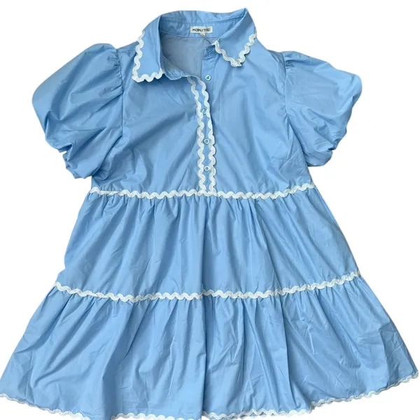 Mainstrip Puffed Sleeve Ric Rac Trimmed Solid Mini Dress‎ Blue Size Large - Image 4