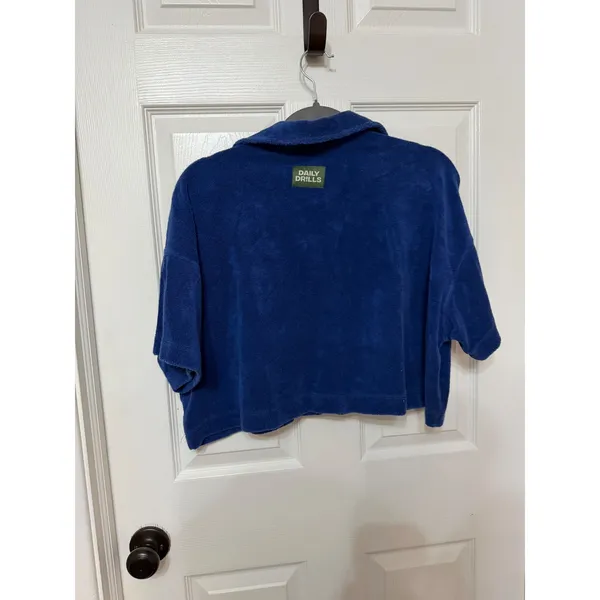 Daily Drills Women Blue Terry Polo Cropped Short Sleeve‎ Shirt Size Medium - Image 3