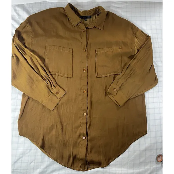 Blue Blush Womens Medium Olive Brown Satin Button Down Shirt Oversized Pocket To - Image 3