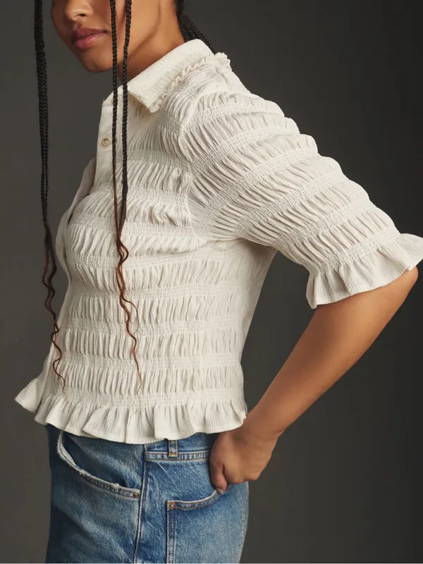 Anthropologie Maeve Cream Smocked Ruffle-Cuff Collared Top Size Large - Image 2