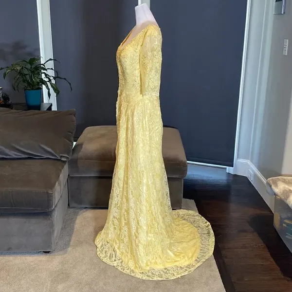 Women’s Yellow Lace Full Length Dress Mother of the Bride Small Train Zip Size L - Image 4