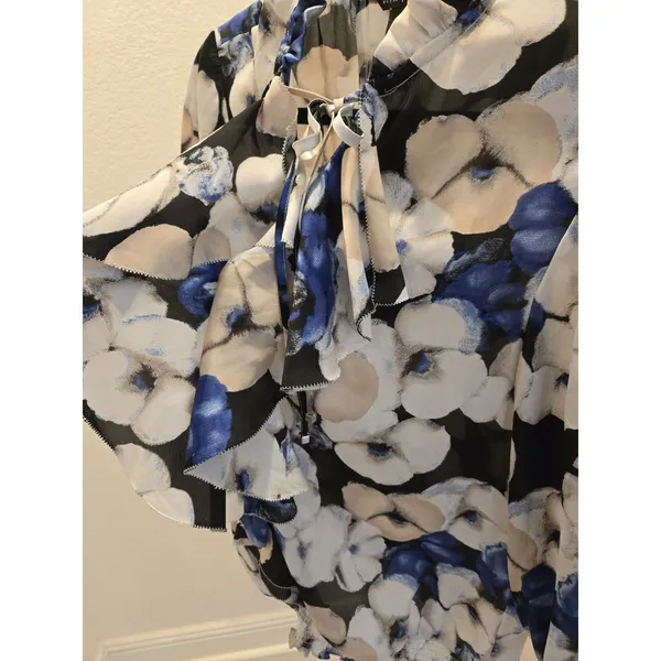 White House Black Market Floral Tie Neck Ruffle Chiffon Blouse Top Women Size M - Image 4