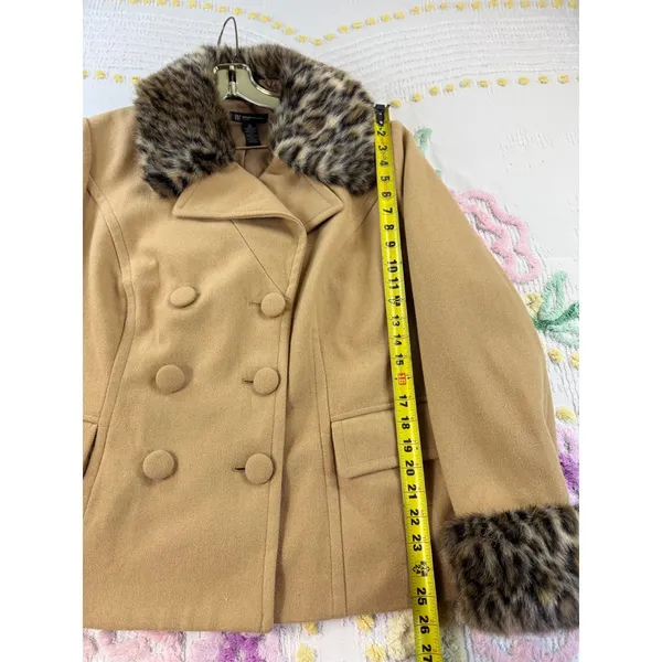 INC International Concepts Camel Wool Blend Leopard Faux‎ Fur Trim Pea Coat 2X - Image 4