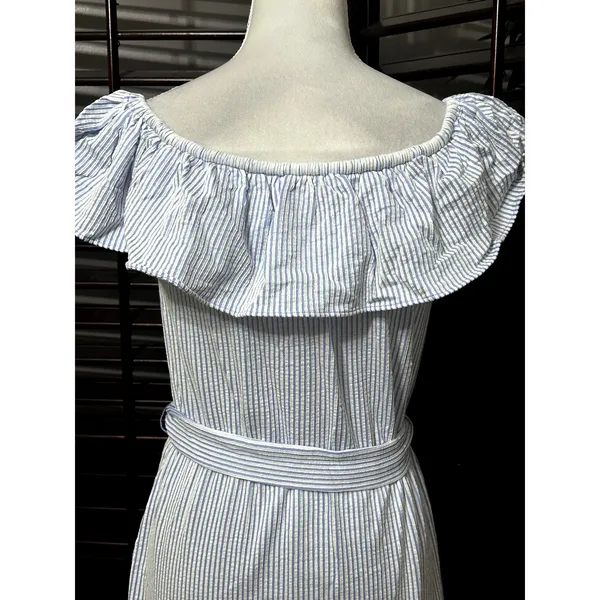 Michael Kors Women's Blue/White Striped Off Shoulder Ruffled Dress S NWT - Image 6