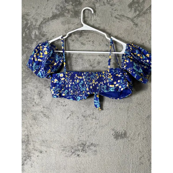 Maeve by Anthropologie Blue Floral Puff Sleeve Tie Front Crop Top Women’s Small - Image 3