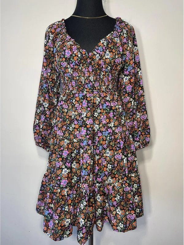 Entro Vibrant Floral Smocked Waist Tiered Mini Dress S Fest - Image 3