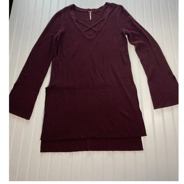 Free‎ People Andy Midnight Tunic Sweater Burgundy Crisscross V-Neck Ribbed Large - Image 2
