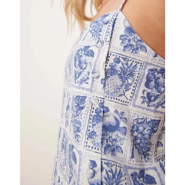 Abercrombie & Fitch Linen Mini Dress Postcard Stamp Size XS Blue Floral Coastal - Image 12