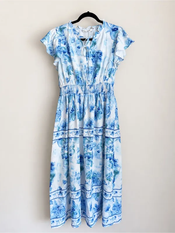 Grace Karin Blue Floral Smocked Maxi Dress Size M NWT - Image 2