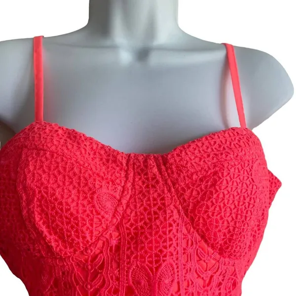 Y2K Women Coquette Festival Lace Crop Top‎ Corset L Neon Orange Smocked Bustier - Image 4