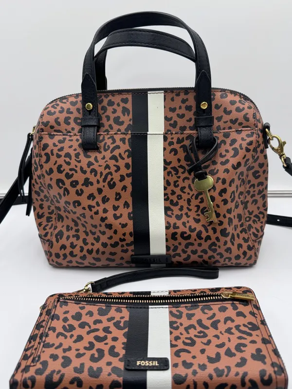 Fossil Leopard Print Satchel Crossbody Bag Wallet Card Holder Matching Set - Image 2